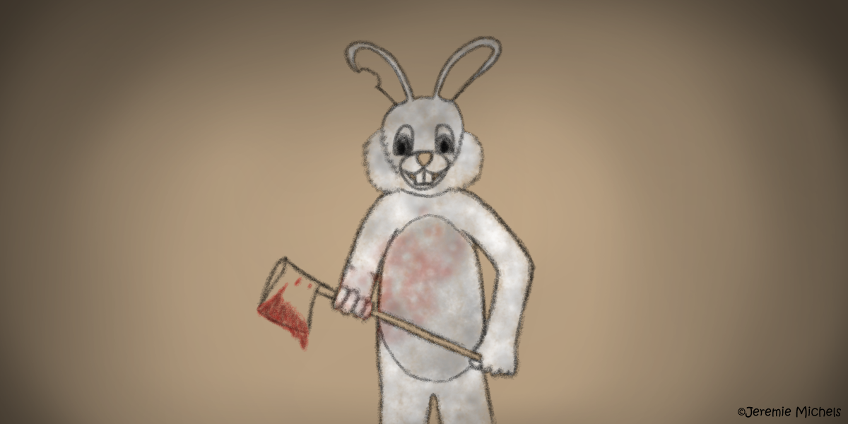 Bunny Man Zeichnung von Jeremie Michels. In der Mitte des Bildes steht ein Mensch in einem weißen Hasenkostüm. Er hält eine Axt mit blutiger Klinge in beiden Händen. Sein Kostüm ist dreckig und mit Blutspritzern übersäht.