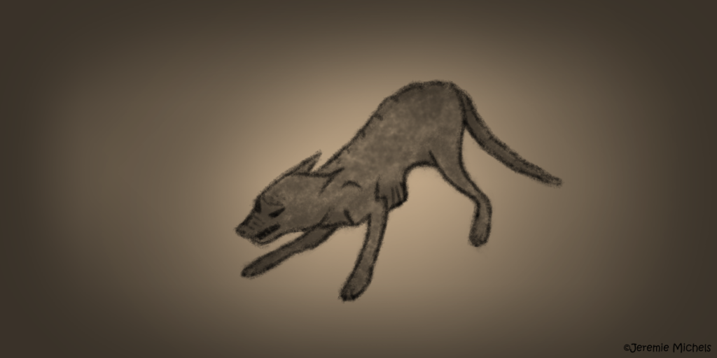 El Chupacabra Zeichnung von Jeremie Michels. Das Bild zeigt ein hundeähnliches Wesen in gekauerter Angriffshaltung. Es ist abgemagert und hat kein Fell.