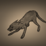 El Chupacabra Zeichnung von Jeremie Michels. Das Bild zeigt ein hundeähnliches Wesen in gekauerter Angriffshaltung. Es ist abgemagert und hat kein Fell.