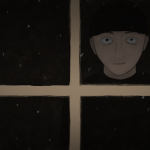 The Killer in the Window Zeichnung von Jeremie Michels. Das Bild zeigt ein dunkles Fenster, hinter dem Mann einen Mann mit schwarzer Kleidung und Mütze sieht, der hineinstarrt. Im Hintergrund fliegen Schneeflocken.