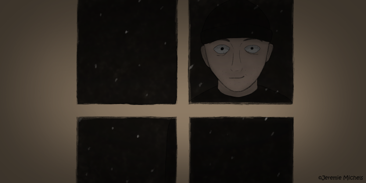 The Killer in the Window Zeichnung von Jeremie Michels. Das Bild zeigt ein dunkles Fenster, hinter dem Mann einen Mann mit schwarzer Kleidung und Mütze sieht, der hineinstarrt. Im Hintergrund fliegen Schneeflocken.