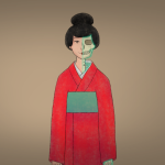 Botan Dōrō Zeichnung von Jeremie Michels. Eine japanische Frau in einem roten Kimono steht frontal im Bild und lächelt den Betrachter an. Der Hintergrund ist dunkel. Ihr halber Körper besteht aus einem Skelett, das grünlich leuchtet, die andere Hälfte ist menschlich.