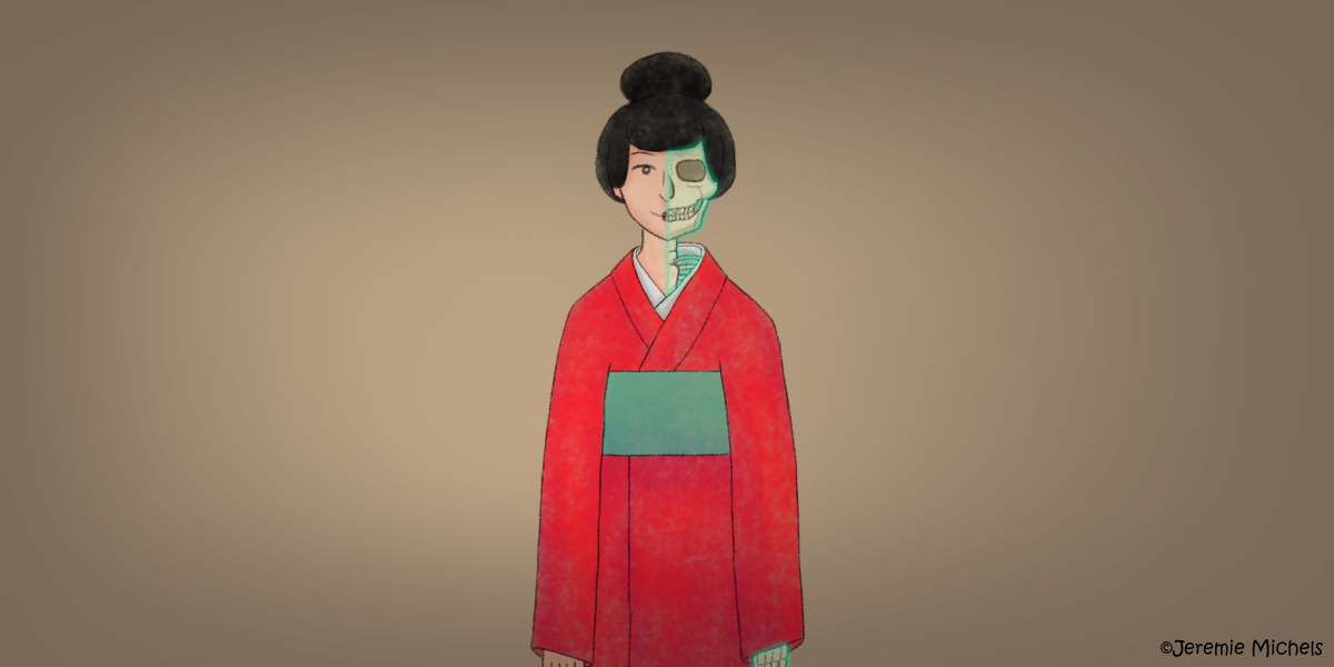 Botan Dōrō Zeichnung von Jeremie Michels. Eine japanische Frau in einem roten Kimono steht frontal im Bild und lächelt den Betrachter an. Der Hintergrund ist dunkel. Ihr halber Körper besteht aus einem Skelett, das grünlich leuchtet, die andere Hälfte ist menschlich.