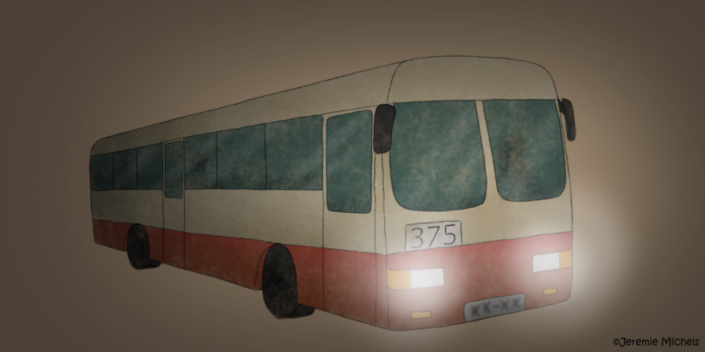 Der Geisterbus von Peking Zeichnung von Jeremie Michels. Man sieht einen altmodischen Bus mit Scheinwerferlicht. Der Hintergrund ist dunkel. Der Bus ist halb beige, halb rot mit dunklen Fenstern, hinter denen man einige Personen erahnen kann. Vorne am Bus steht die Nummer 375.