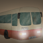 Der Geisterbus von Peking Zeichnung von Jeremie Michels. Man sieht einen altmodischen Bus mit Scheinwerferlicht. Der Hintergrund ist dunkel. Der Bus ist halb beige, halb rot mit dunklen Fenstern, hinter denen man einige Personen erahnen kann. Vorne am Bus steht die Nummer 375.