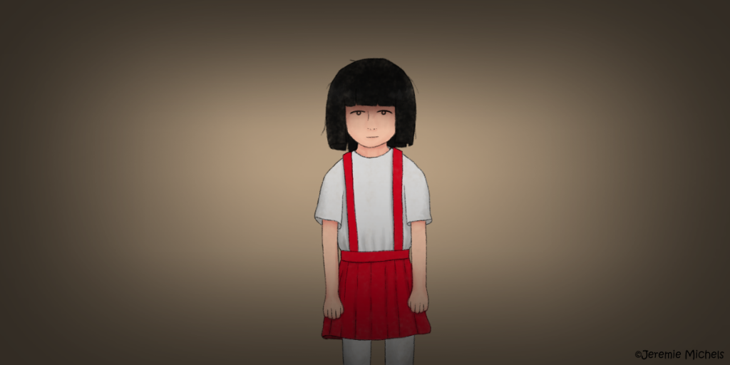 Hanako-san Zeichnung von Jeremie Michels. Man sieht ein junges japanisches Mädchen mit einem roten Rock mit Trägern, einem weißen Oberteil und einer weißen Strumpfhose. Ihre schwarzen Haare sind zu einem Pagenschnitt geschnitten, der einen Schatten in ihr Gesicht wirft. Ihre Mimik deutet ein kaltes, gefühlsloses Lächeln an.
