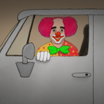Homey der Clown Zeichnung von Jeremie Michels. Man sieht einen weißen Van, aus dessem offenen Fenster heraus ein Clown zu einem herüberguckt und dabei mit gelben Zähnen lächelt. Er sitzt auf der Fahrerseite und hält mit seiner rechten Hand die Autotür fest, während er mit dem gesamten Körper zum Betrachter gedreht ist.