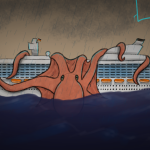 Der Kraken Zeichnung von Jeremie Michels. Man sieht ein Kreuzfahrtschiff während eines Gewittersturms von der Seite. Im Hintergrund zucken Blitze. Um das Kreuzfahrtschiff selbst ist ein gewaltiger Kraken gewickelt, der fast die Hälfte des gesamten Schiffes einnimmt.