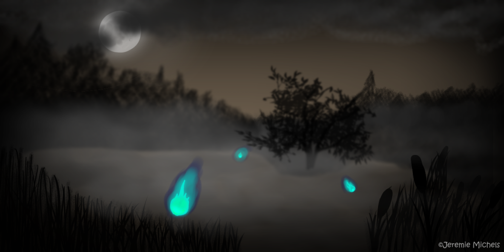 Irrlichter Zeichnung von Jeremie Michels. Der Beobachter sieht einen nebligen Sumpf bei Nacht. Im Nebel sind deutlich drei kleine, blaue Flammen zu sehen, die in der Luft schweben. In der oberen rechten Ecke sieht man einen wolkenverhangenen Vollmond.