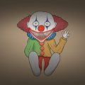 Die Clownpuppe Zeichnung von Jeremie Michels. Man sieht eine gruselige Puppe, die einen Clown darstellt. Die Kleidung ist verblichen, sie besitzt spitze zähne und sie hat eine Hand erhoben, mit der sie dem Betrachter drei Finger zeigt.