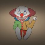 Die Clownpuppe Zeichnung von Jeremie Michels. Man sieht eine gruselige Puppe, die einen Clown darstellt. Die Kleidung ist verblichen, sie besitzt spitze zähne und sie hat eine Hand erhoben, mit der sie dem Betrachter drei Finger zeigt.