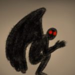 Mothman Zeichnung von Jeremie Michels. Man sieht die Silhouette einer Kreatur, die am Boden hockt und den Betrachter mit rot leuchtenden Augen anstarrt. Aus seinem Rücken ragen große Flügel.