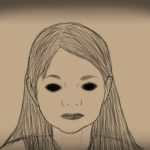 Black Eyed Children Zeichnung von Jeremie Michels. Man sieht den Kopf eines jungen Mädchens, das einen direkt anguckt. Seine Augen sind pechschwarz und haben keinen Glanz.
