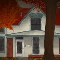 The Sallie House Zeichnung von Jeremie Michels. Man sieht das Sallie House im Herbst. Das kleine, zweistöckige Gebäude steht im Dunklen. In den Fenstern brennt kein Licht. Die Bäume, die links und rechts vor dem Haus stehen, blockieren teilweise die Sicht und haben rote und orangene Blätter. Buntes Laub liegt auf dem Boden vor dem Haus.