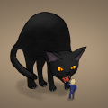 Die Yule-Katze Zeichnung von Jeremie Michels. Man sieht eine riesige schwarze Katze, die ihren Rücken zu einem Buckel geformt hat und einen blonden Jungen in dunkelblauem Schlafanzug anfaucht. Der Junge reicht der Katze nicht einmal zu den Knien.