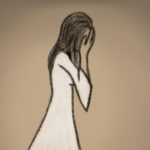 La Llorona Zeichnung von Jeremie Michels. Auf dem Bild sieht man das Seitenprofil einer Frau. Sie hat schwarze Haare und trägt ein langes, weißes Kleid, während ihr Gesicht in ihren Händen verborgen ist.
