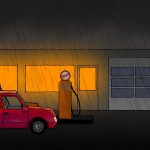 Killer in the Backseat Zeichnung von Jeremie Michels. Das Bild zeigt eine Tankstelle bei Nacht. Es regnet in Strömen, während ein kleines rotes Auto an einer der beiden alten Zapfsäulen steht. Im Hintergrund ist das Tankstellengebäude, aus dessen Fenstern orangegelbes Licht scheint.