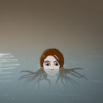 Die Nixen Zeichnung von Jeremie Michels. Das Bild zeigt eine Nixe im See. Sie hat braune Haare, die im Mondlicht grün schimmern. Ihre Haare sind braun. Sie ist bis zur Nase unter Wasser und beobachtet den Betrachter. Auf der Wasseroberfläche spiegelt sich der Mond.
