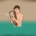 Der Nöck Zeichnung von Jeremie Michels. Das Bild zeigt einen attraktiven und muskulösen jungen Mann, der nackt bis zur Hüfte im Wasser steht und den Betrachter mit seinen braunen Augen direkt ansieht. Er spielt auf einer kleinen Harfe, die er in den Armen hält. Seine kurzen braunen Haare sind etwas wirr.