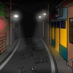 Betobeto-san Zeichnung von Jeremie Michels. Das Bild zeigt eine enge Straße einer japanischen Kleinstadt bei Nacht. Die meisten Gebäude sind dunkel, lediglich in einem Laden brennt noch licht. In der Ferne sind drei Straßenlaternen zu sehn, während der Vordergrund von einem roten Lampignon erhällt wird. Auf der düsteren Straße sind sind sieben "Klack!" Geräusche eingezeichnet, die im Zickzack auf den Betrachter zukommen.