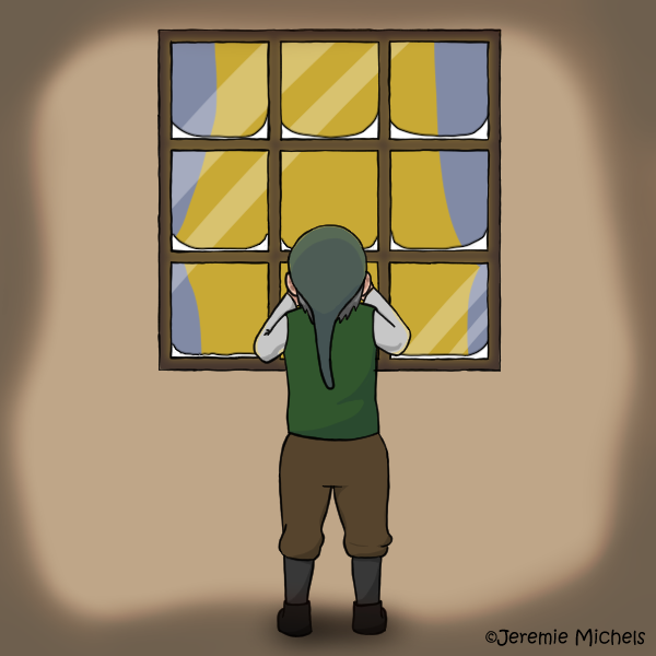 Das Bild zeigt Gluggagægir, den zehnten Yule Lad. Man sieht ihn von hinten, wie er vor einem Fenster steht und in ein Haus schaut. Er hat dabei seine Hände an das Gesicht gehoben, um besser sehen zu können. Als Kleidung trägt er eine graugrüne Zipfelmütze mit hängendem Zipfe, eine grüne Weste, ein weißes Hemd, eine braune Hose und schwarze Schuhe.