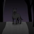 Okuri Inu Zeichnung von Jeremie Michels. Das Bild zeigt einen schmalen Weg durch einen dunklen Wald bei Nacht. In der Mitte des Weges steht ein schwarzer Wolf oder Hund mit weiß leuchtenden Augen, der den Betrachter direkt ansieht.
