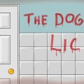 The Doggy Lick Zeichnung von Jeremie Michels. Das Bild zeigt eine Badezimmerwand. Die unteren zwei Drittel sind mit weißen Fliesen gefliest, das obere Drittel besteht aus blauer Tapete. Auf der rechten Seite steht in Blut "The Doggy Lick" geschrieben, auf der linken Seite ist eine weiße Tür.