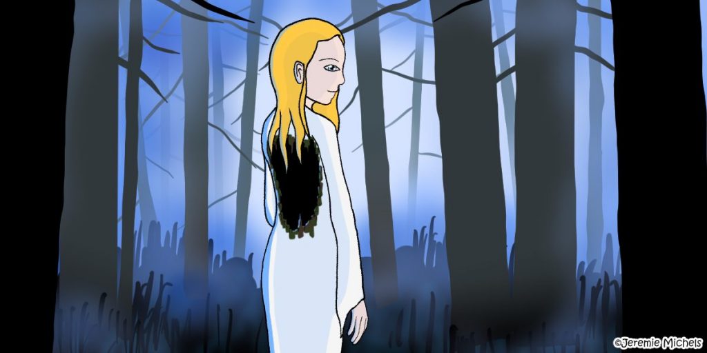 Skogsrå Zeichnung von Jeremie Michels. Das Bild zeigt eine blonde Frau im Wald. Sie trägt ein weißes Kleid und dreht den Betrachtenden den Rücken zu, während sie sie über die Schulter ansieht. Daher sieht man gut das große Loch in ihrem Rücken, das mit einem dünnen Rindenrand umrahmt ist. Im Hintergrund ist ein nebliger Nadelwald zu sehen.