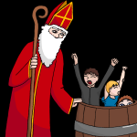 La Légende de Saint Nicolas Zeichnung von Jeremie Michels. Das Bild zeigt den heiligen Nikolaus in seinem roten Bischofsgewand, wie er ein Fass segnet. Auf dem Holzfass kommen zwei Jungen, die sich herzhaft strecken. Ein dritter, noch kleinerer Junge, späht gerade so über den Rand des Fasses nach draußen.