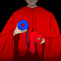 Aka Manto Zeichnung von Jeremie Michels. Das Bild zeigt einen Ausschnitt von einem Mann, der einen roten Umhang trägt. Das Bld endet knapp über seinem schief lächelnden Mund. In seinen Händen hält er eine rote und eine blaue Toilettenpapierrolle.