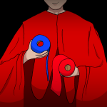 Aka Manto Zeichnung von Jeremie Michels. Das Bild zeigt einen Ausschnitt von einem Mann, der einen roten Umhang trägt. Das Bld endet knapp über seinem schief lächelnden Mund. In seinen Händen hält er eine rote und eine blaue Toilettenpapierrolle.