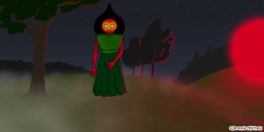 Flatwoods Monster Zeichnung von Jeremie Michels. Das Bild zeigt das Flatwoods Monser auf einem Hügel. Das Monster ist humanoid und hat einen runden roten Kopf mit gelb leuchtenden Augen. Es trägt einen grünen Brustpanzer und einen langen grünen Rock. Im Hintergrund liegt ein großer rot leuchtender "Ball" auf dem Hügel. Er leuchtet die gesamte Umgebung inkl des Flatwoods Monsters und einiger Bäume an. Der Boen ist von Nebel bedeckt.