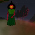Flatwoods Monster Zeichnung von Jeremie Michels. Das Bild zeigt das Flatwoods Monser auf einem Hügel. Das Monster ist humanoid und hat einen runden roten Kopf mit gelb leuchtenden Augen. Es trägt einen grünen Brustpanzer und einen langen grünen Rock. Im Hintergrund liegt ein großer rot leuchtender "Ball" auf dem Hügel. Er leuchtet die gesamte Umgebung inkl des Flatwoods Monsters und einiger Bäume an. Der Boen ist von Nebel bedeckt.
