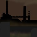 Der Gorbals Vampire Zeichnung von Jeremie Michels. Das Bild zeigt im Vordergrund einen dunklen Friedhof mit einigen Gräbern und im Hintergrund die schattenhafte Silhouette eines Fabrikgebäudes, aus dessen beiden Schornsteinen Abgase kommen. Die Luft sieht schwefelig und schmutzig aus.