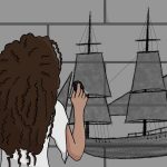 Das Bild zeigt eine dunkelhäutige Frau mit dunkelbraunen, langen, sehr lockigen Haaren. SIe hält ein Stück Kohle in der Hand, mit dem sie ein altes, zweimastiges Schiff an die Wand zeichnet.