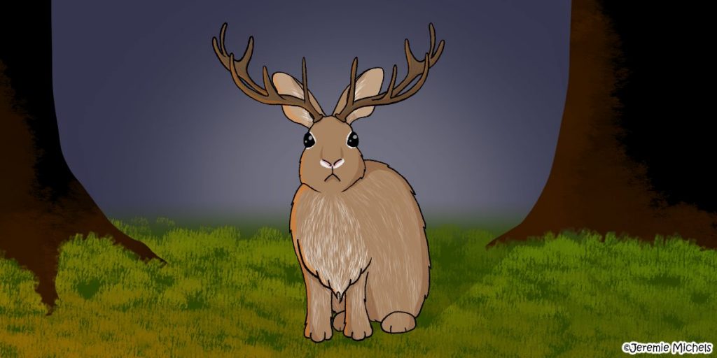 Jackalope Zeichnung von Jeremie Michels. Das Bild zeigt einen Jackalope, einen Hasen mit Hirschgeweih. Er sitzt zwischen zwei Bäumen im Gras, während er von einem Feuer außerhalb des Bildes beleuchtet wird.
