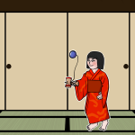 Zashiki Warashi Zeichnung von Jeremie Michels. Das Bild zeigt eine Zashiki Warashi, die wie ein japanisches Mädchen in einem roten Kimono und mit Pagenschnitt aussieht. Sie spielt mit einem Kendama. Im Hintergrund sieht man ein traditionell japanisches Zimmer mit Tatamimatten und Papierwänden.