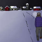 Årsgång Zeichnung von Jeremie Michels. Das Bild zeigt eine verschneite Landschaft bei Nacht mit einem Dorf in der Ferne. Am rechten Bildrand geht eine Person in dicker Winterkleidung einen Weg richtung Dorf entlang. Das Dorf ist von weihnachtlichen Lichertketten beleuchtet, während am Himmel der Vollmond hell scheint.