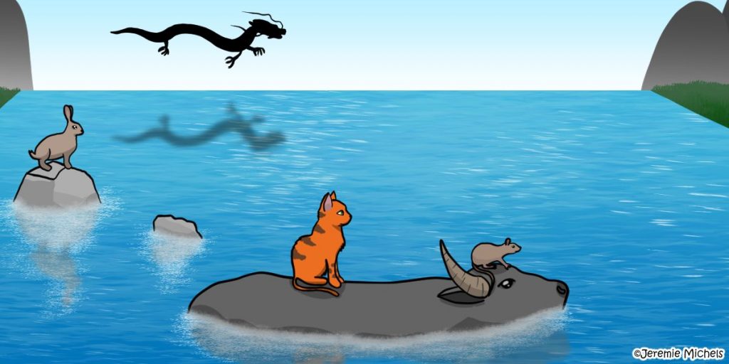 Die Legende der chinesischen Tierkreiszeichen Zeichnung von Jeremie Michels. Das Bild zeigt mehrere Tiere, die einen breiten Fluss durch- und überqueren. Eine Ratte und ein orangene Katze sitzen auf einem Büffel, der durch das Wasser schwimmt. Hinter ihnen hüpft eine Hase von Fels zu Fels und im Hintergrund fliegt ein asiatischer Drachen durch die Luft.