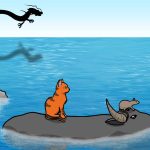 Die Legende der chinesischen Tierkreiszeichen Zeichnung von Jeremie Michels. Das Bild zeigt mehrere Tiere, die einen breiten Fluss durch- und überqueren. Eine Ratte und ein orangene Katze sitzen auf einem Büffel, der durch das Wasser schwimmt. Hinter ihnen hüpft eine Hase von Fels zu Fels und im Hintergrund fliegt ein asiatischer Drachen durch die Luft.