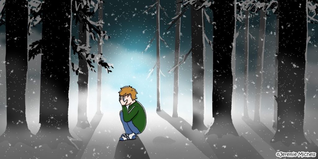 Myling Zeichnung von Jeremie Michels. Das Bild zeigt einen Jungen, der in einem dunklen, zugeschneiten Wald am Boden hockt und weint. Auf seinen Haaren und seiner Kleidung ist eine dünne Schneeschicht.