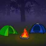 Interaktive Geschichte Es lauert im Wald Zeichnung von Jeremie Michels. Das Bild zeigt zwei Campingzelte, die um ein brennendes Lagerfeuer stehen. Im Hintergrund ist ein düsterer Wald zu sehen.