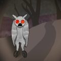 "The Owlman of Mawnan"-Zeichnung von Jeremie Michels. Das Bild zeigt ein dunkles Waldstück, in dem ein graues vogelähnliches Wesen steht, das den Betrachter direkt ansieht. Es hat silbergraues Gefieder, rot leuchtende kreisrunde Augen und einen klaffenden schwarzen Mund. Statt Krallen hat es zwei krebsähnliche Scheren an den Beinen. Das Wesen ist von einem Lichtkegel erleuchtet.