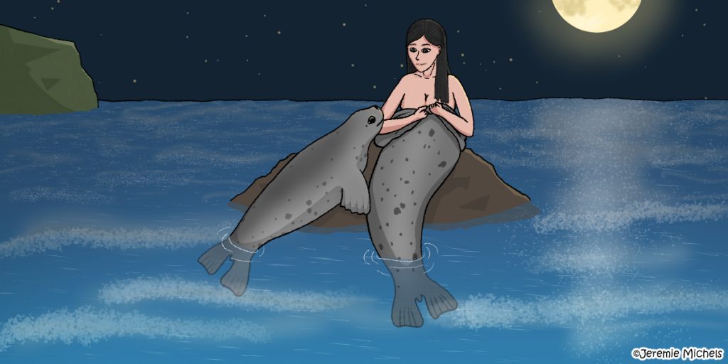 Selkies-Zeichnung von Jeremie Michels. Das Bild zeigt eine Selkie, eine nackte Frau, die ihre halb ausgezogene Robbenhaut auszieht, neben einer Robbe auf einem Felsen im Ozean sitzen. Im Hintergrund scheint der Vollmond.