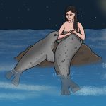 Selkies-Zeichnung von Jeremie Michels. Das Bild zeigt eine Selkie, eine nackte Frau, die ihre halb ausgezogene Robbenhaut auszieht, neben einer Robbe auf einem Felsen im Ozean sitzen. Im Hintergrund scheint der Vollmond.