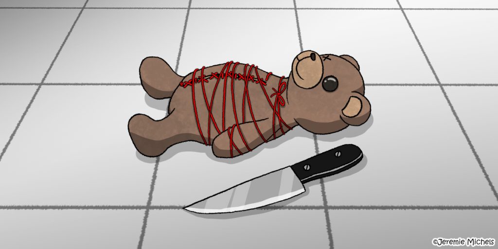 Hitori Kakurenbo Zeichnung von Jeremie Michels. Das Bild zeigt einen dreckigen Teddybären auf weißen Fliesen liegen, dem ein Auge fehlt und dessen Bauch aufgeschnitten und mit rotem Faden zugenäht ist. Weiterer roter Faden ist um seinen Körper gewickelt. Vor dem Teddy liegt ein kleines Küchenmesser.