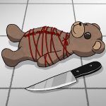 Hitori Kakurenbo Zeichnung von Jeremie Michels. Das Bild zeigt einen dreckigen Teddybären auf weißen Fliesen liegen, dem ein Auge fehlt und dessen Bauch aufgeschnitten und mit rotem Faden zugenäht ist. Weiterer roter Faden ist um seinen Körper gewickelt. Vor dem Teddy liegt ein kleines Küchenmesser.