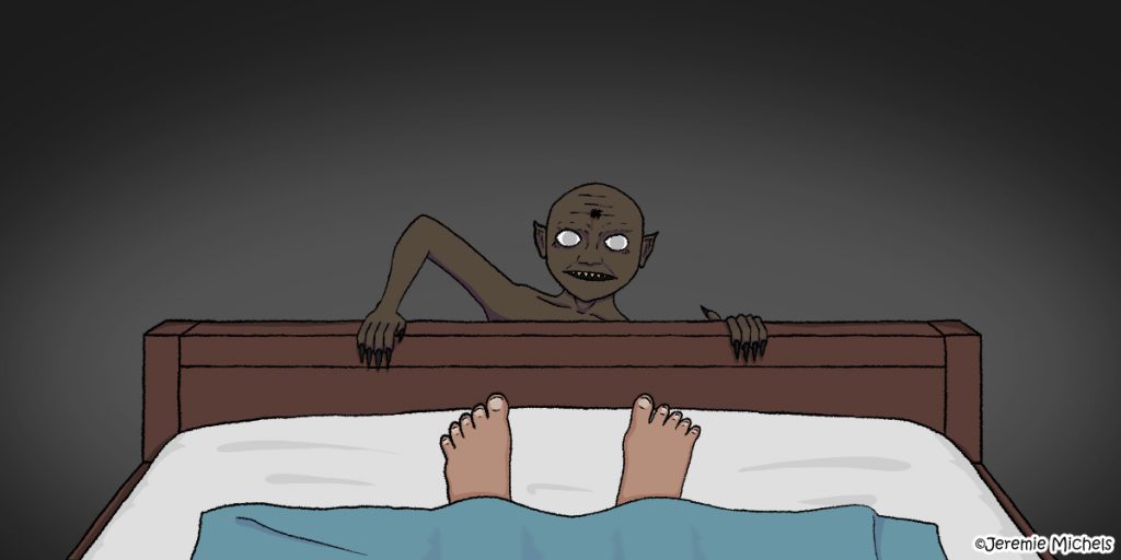 Tokoloshe Zeichnung von Jeremie Michels. Das Bild zeigt das Fußende eines Bettes, in dem zwei Füße zu sehen sind, du unter einer dünnen blauen Decke hervorragen. Hinter dem hölzernen Fußteil steht ein kleines dunkelhäutiges Wesen mit weißen Augen, spitzen Zähnen und Ohren sowie einem Loch in der Stirn, das sich auf das Bett zu ziehen scheint.