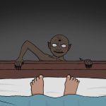 Tokoloshe Zeichnung von Jeremie Michels. Das Bild zeigt das Fußende eines Bettes, in dem zwei Füße zu sehen sind, du unter einer dünnen blauen Decke hervorragen. Hinter dem hölzernen Fußteil steht ein kleines dunkelhäutiges Wesen mit weißen Augen, spitzen Zähnen und Ohren sowie einem Loch in der Stirn, das sich auf das Bett zu ziehen scheint.