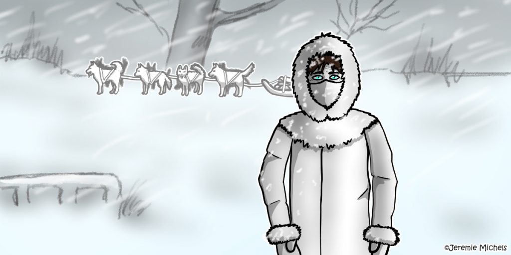 The Phantom Trapper of Labrador Zeichnung von Jeremie Michels. Das Bild zeigt einen in weißes Fell gekleideten Mann mit Kapuze und ab der Nase bedecktem Gesicht. Seine Augen sind stechend blau. Im Hintergrund sieht man einen weißen Schlitten mit vier weißen Hunden, während ein Schneesturm tobt.